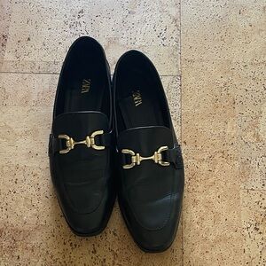 ZARA Black Leather Loafers with Gold Bit Hardware